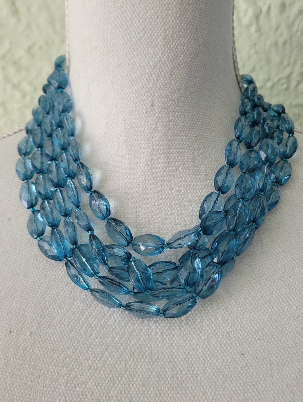 Vintage Light Blue Multi Strand Necklace Acrylic Faceted Beads Gunmetal 19"